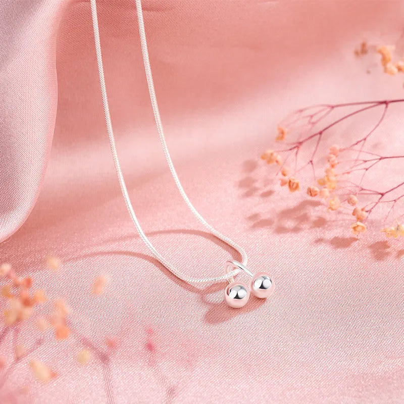 Silver cherry necklace with 925 standard silver pendant and adjustable snake bones chain