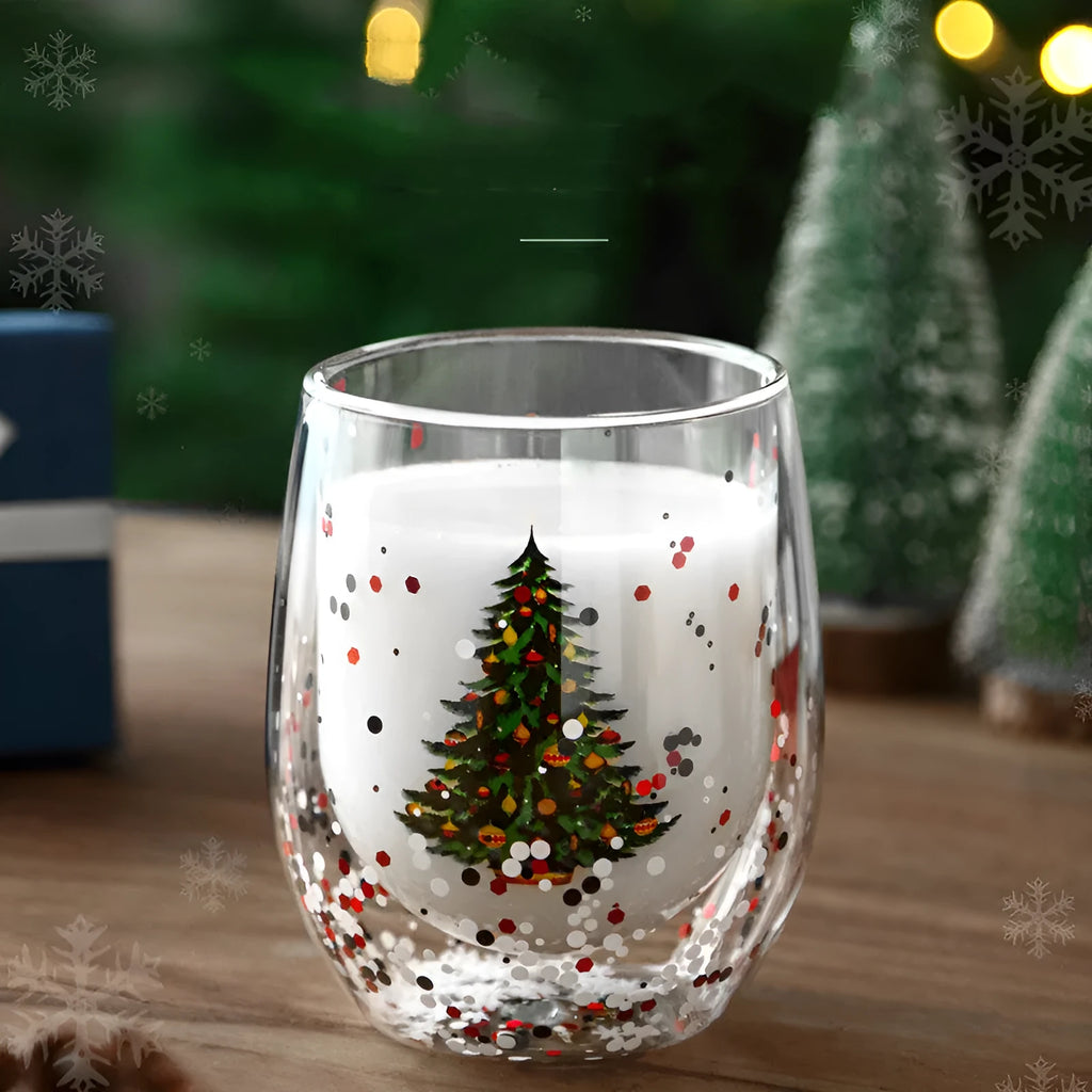 Double-layer borosilicate glass coffee cup with flowing sequins, Christmas tree design, 301-400ml capacity