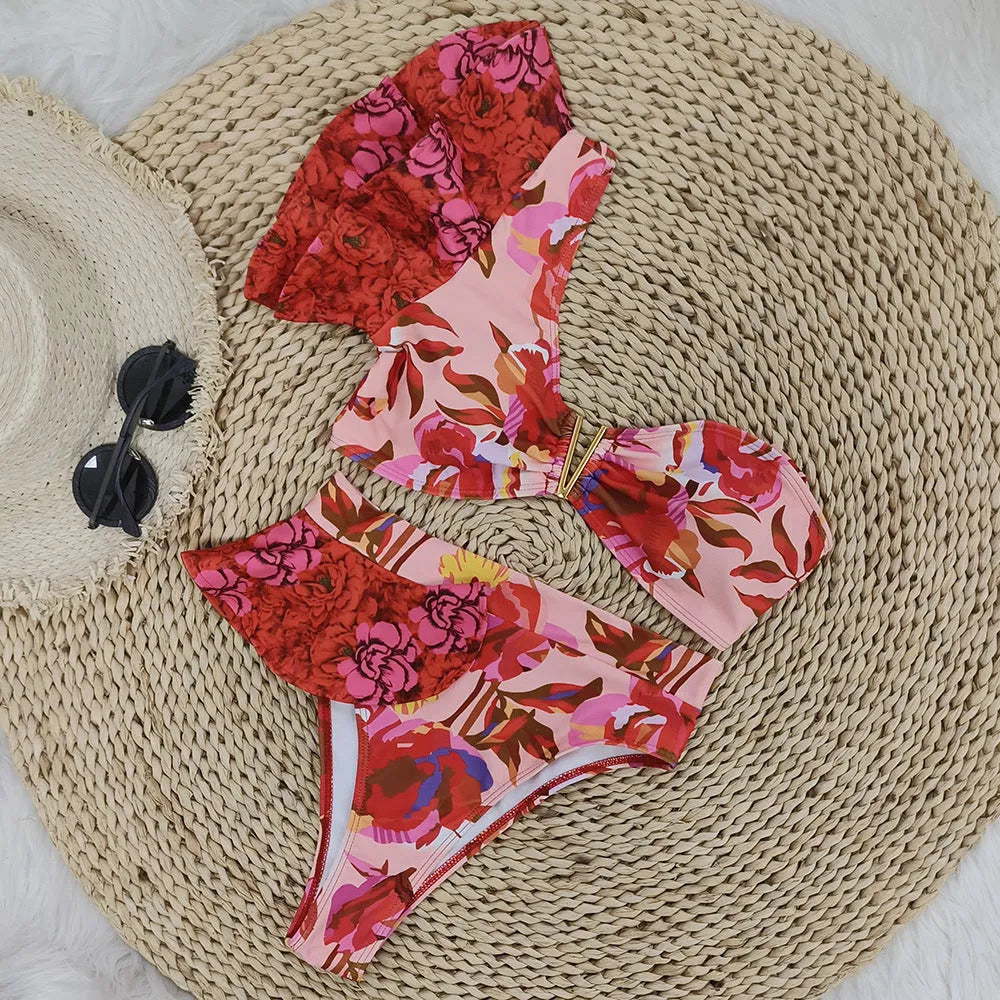 Pink floral print one-shoulder ruffled swimsuit with high-waist bikini bottoms
