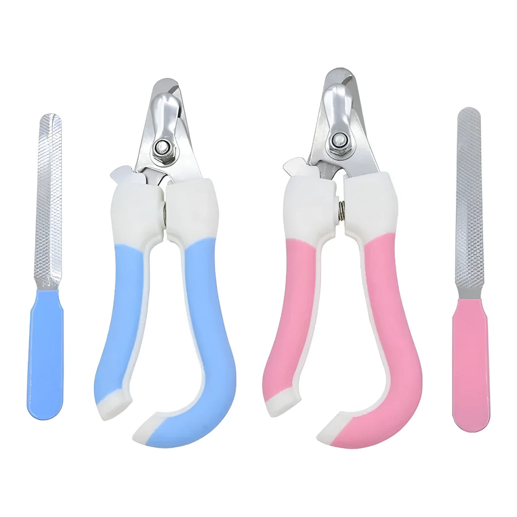 Pet nail scissors for dogs and cats in blue, blue pink, and pink colour options