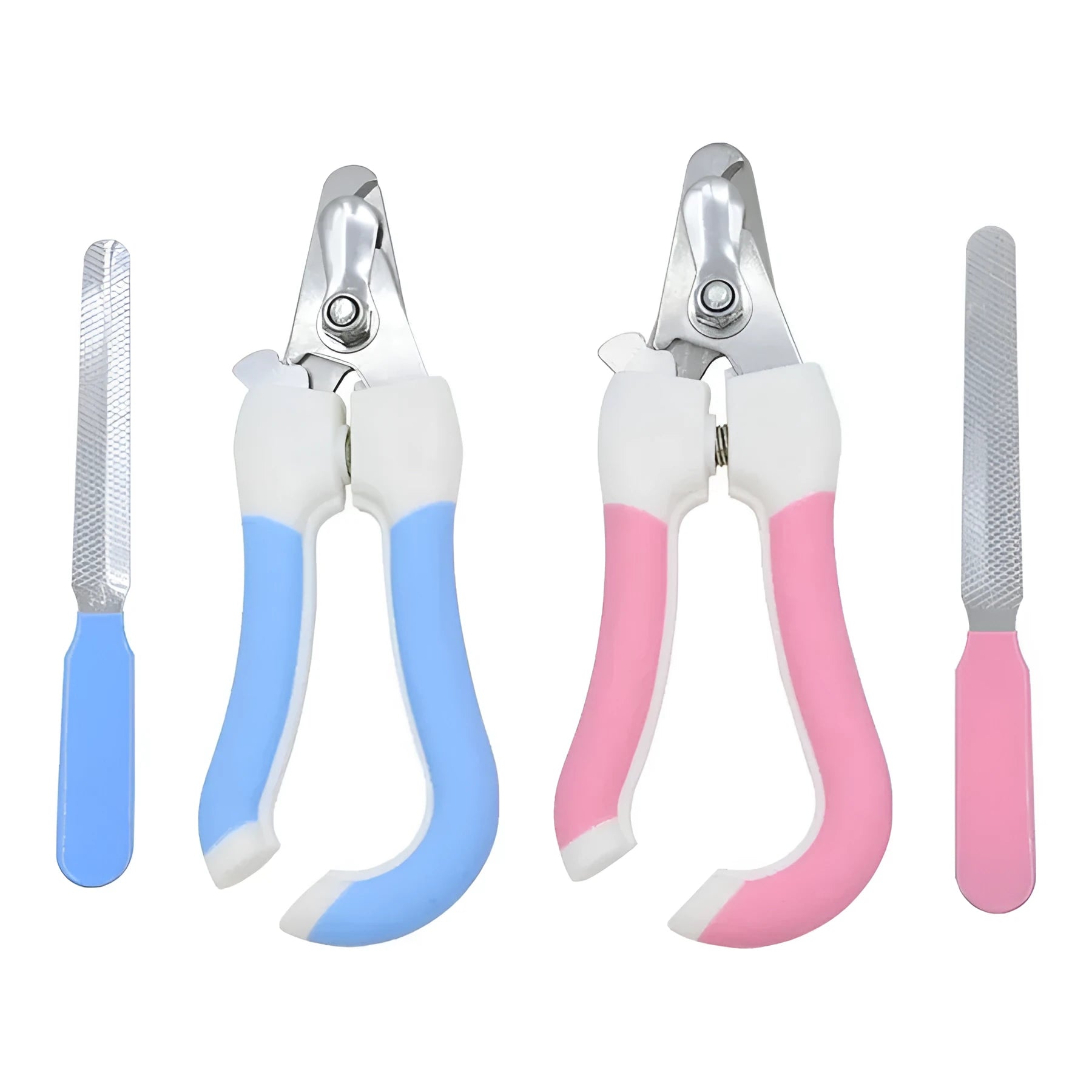 Pet nail scissors for dogs and cats in blue, blue pink, and pink colour options