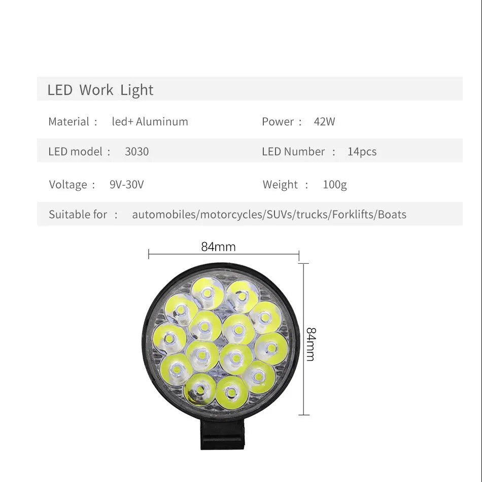 Round white LED work light with aluminium housing for vehicle mounting