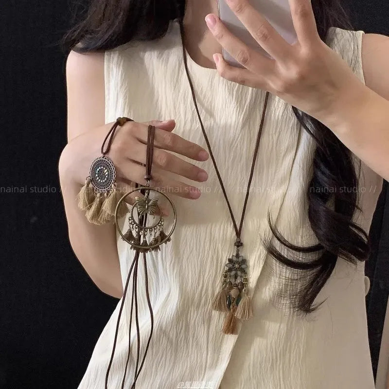 Retro ethnic style tassel long pendant necklace with geometric copper alloy and acrylic pendant for women