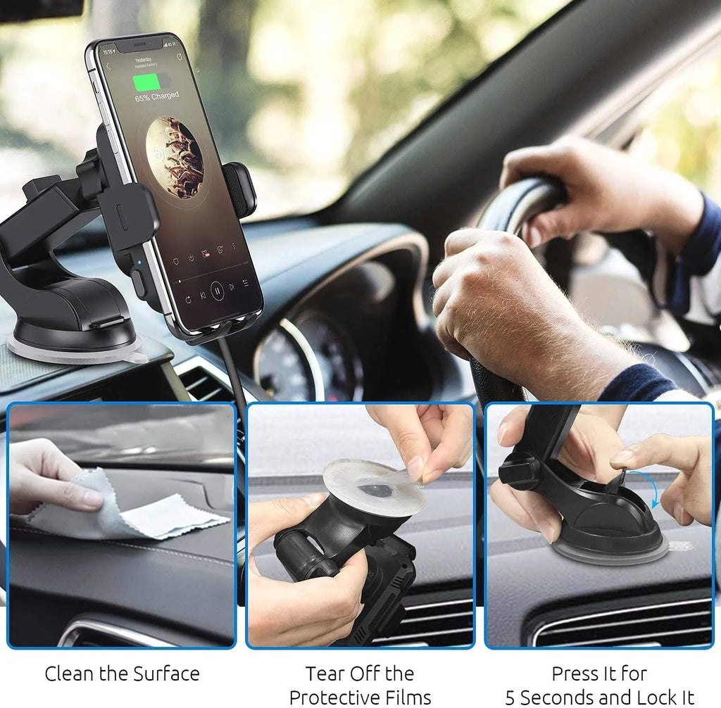 Black car dashboard wireless charging stand with 15W fast charging and air vent clip mount