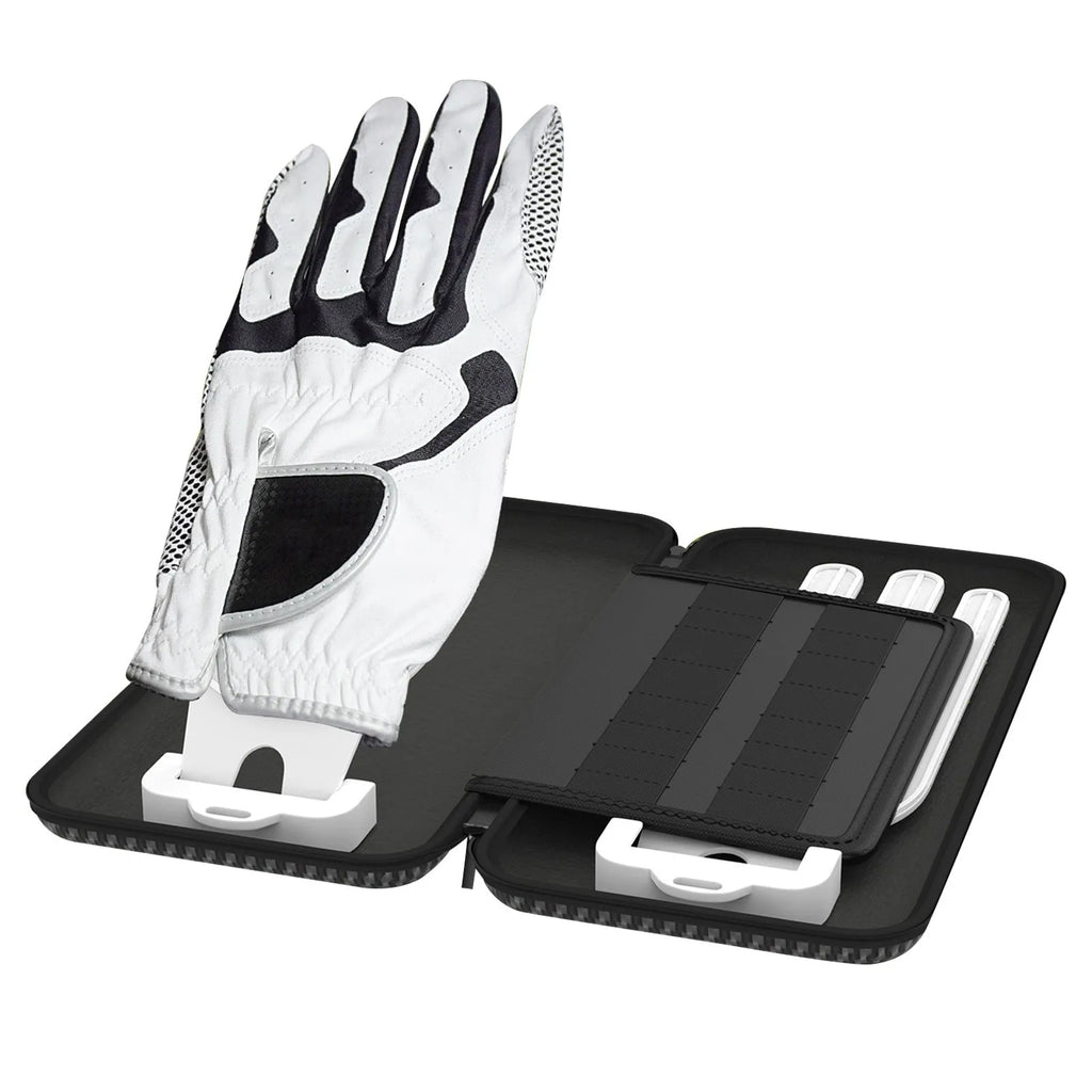 Silver grey fabric golf glove storage bag for two pairs, shown with two metal marking brackets.