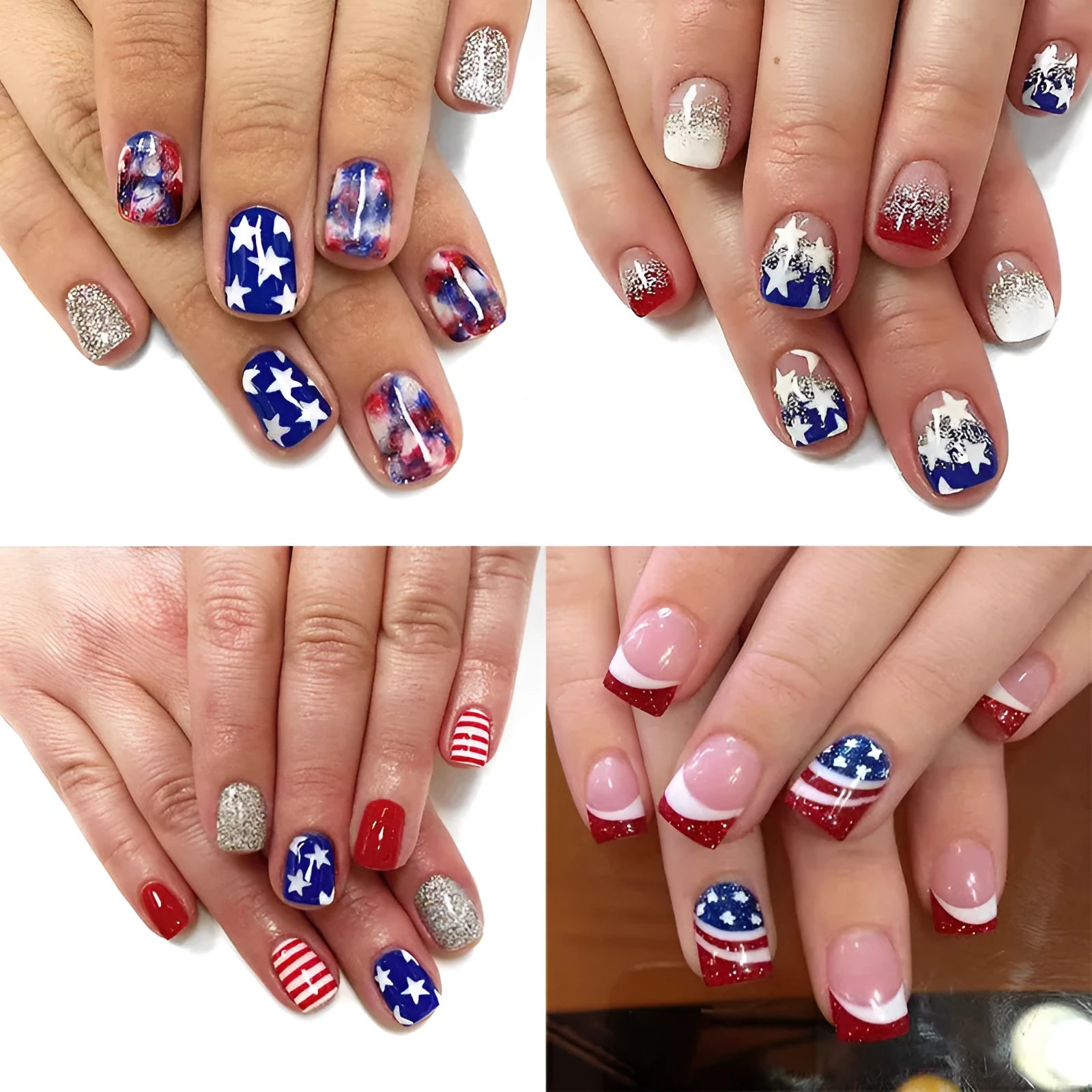 False nails with American flag and star design in red, white, and blue colours, short European square shape