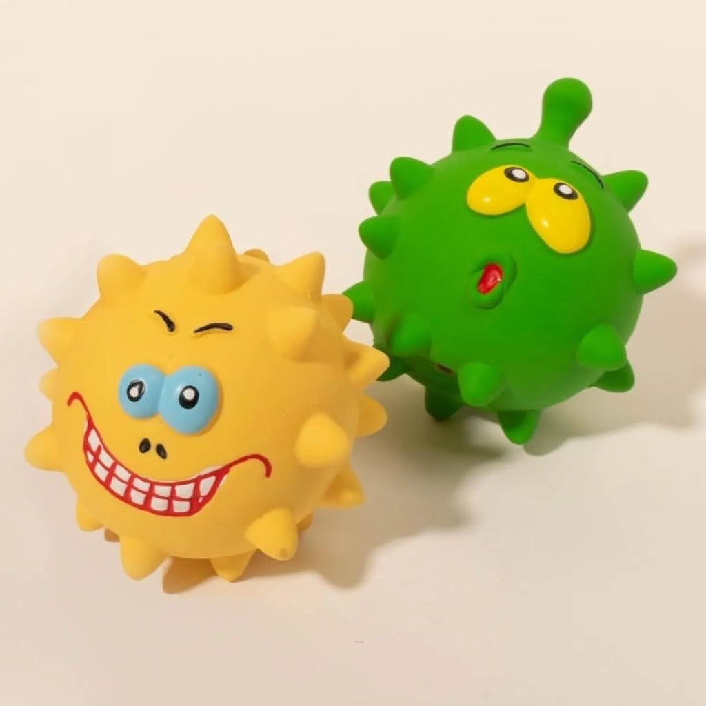 Four natural latex rubber dog squeaky balls with cute faces in blue, green, red and yellow colours