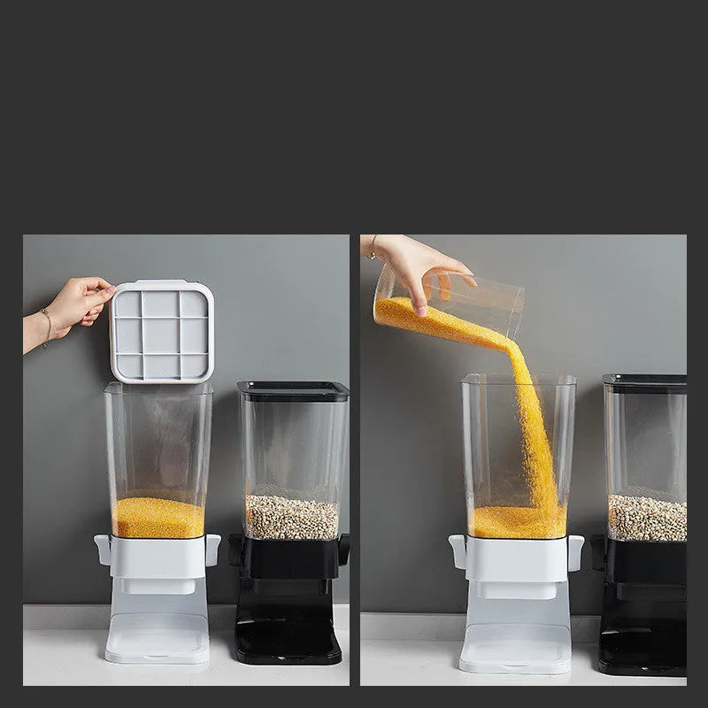 Countertop cereal dispenser in black or white with chute opening, twin levers and 5.5 quart container