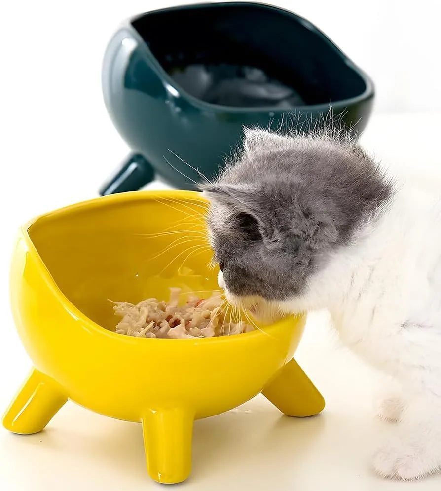 Green ceramic pet food bowl with four legs and wide mouth opening for cats and small dogs