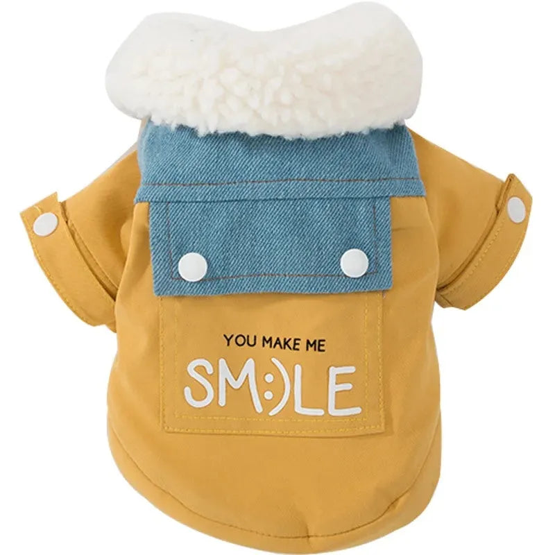 Yellow denim patchwork puppy coat with Sherpa fleece lining, waterproof and windproof, for small and medium dogs