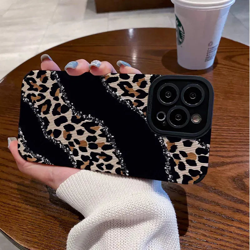 Black stitching leopard print imitation leather drop-resistant phone case for Apple iPhone models