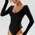 Women's deep V-neck long sleeve jumpsuit with shorts in solid light gray, black, or rose red, slim fit