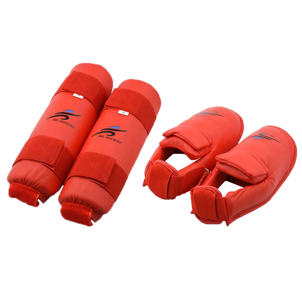 Karate taekwondo protective gear set with leg guards, helmet and boxing gloves in red or blue colours