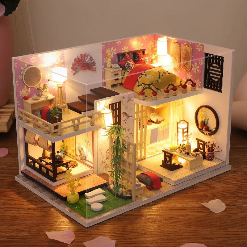 Wooden duplex loft villa model, battery powered small house toy, 30cm x 7cm x 16cm, Basic Style