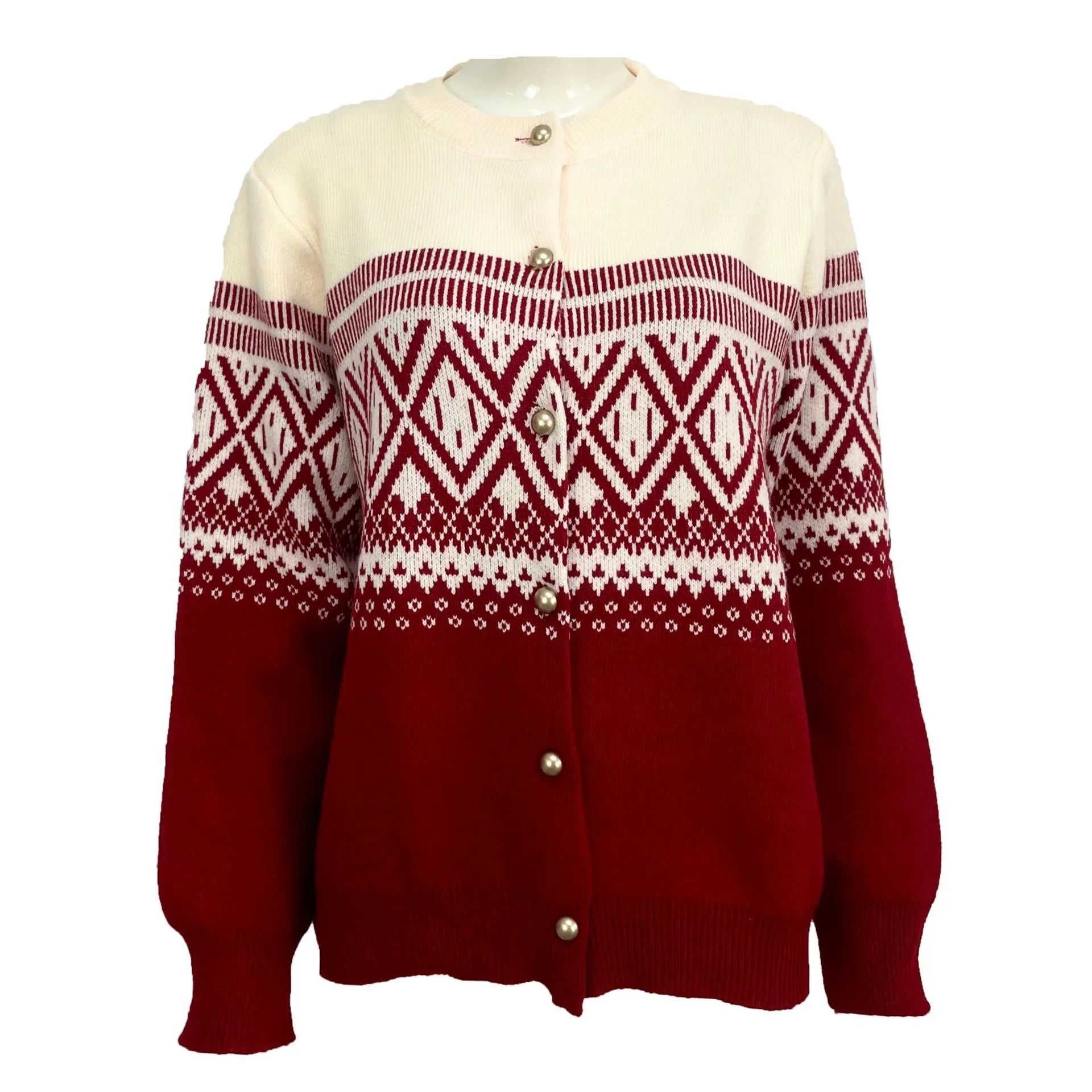 Women's alpaca wool diamond knit cardigan with long sleeves and contrast colour detailing