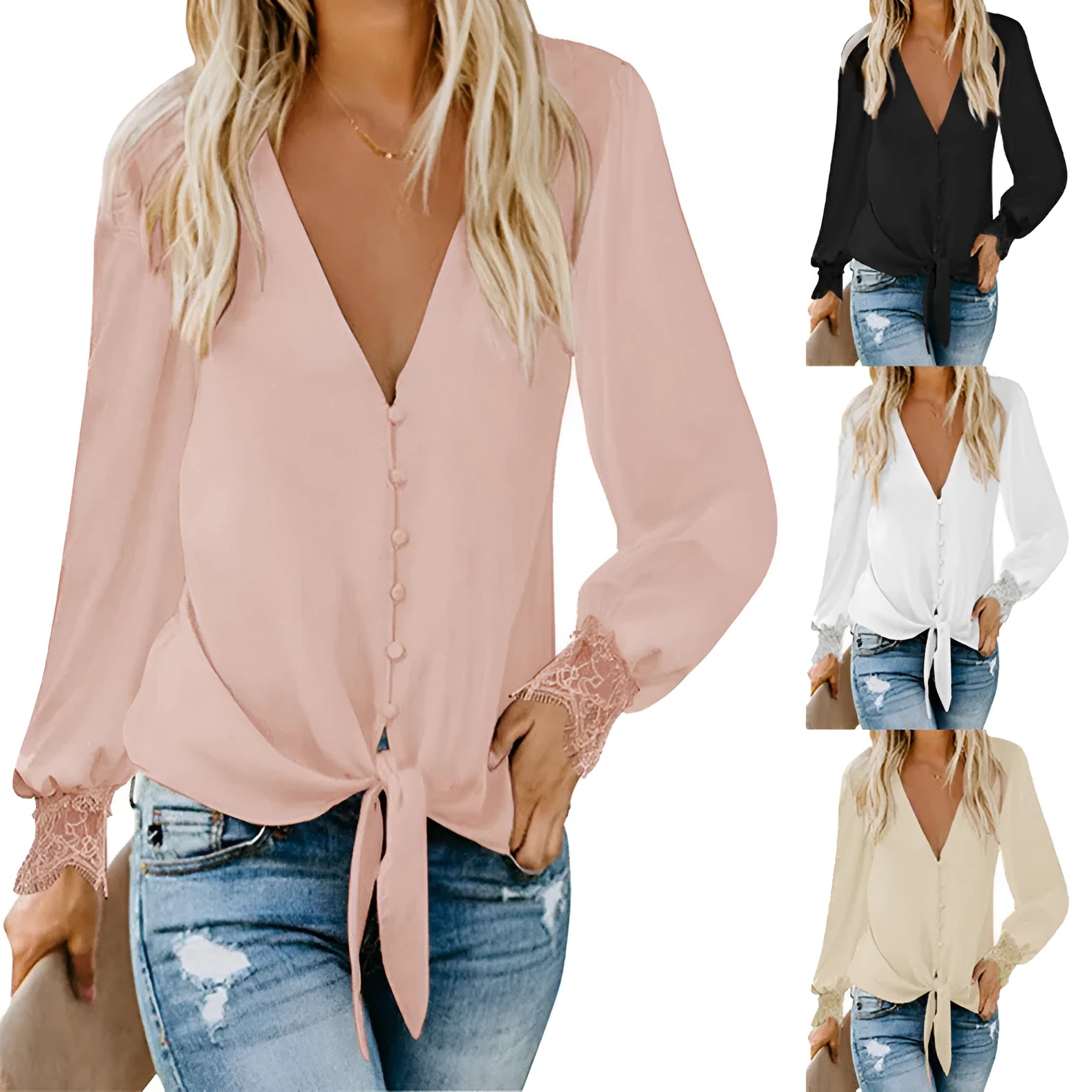 A loose-fitting, solid-colour V-neck top with long sleeves and a lace-up detail at the hem.