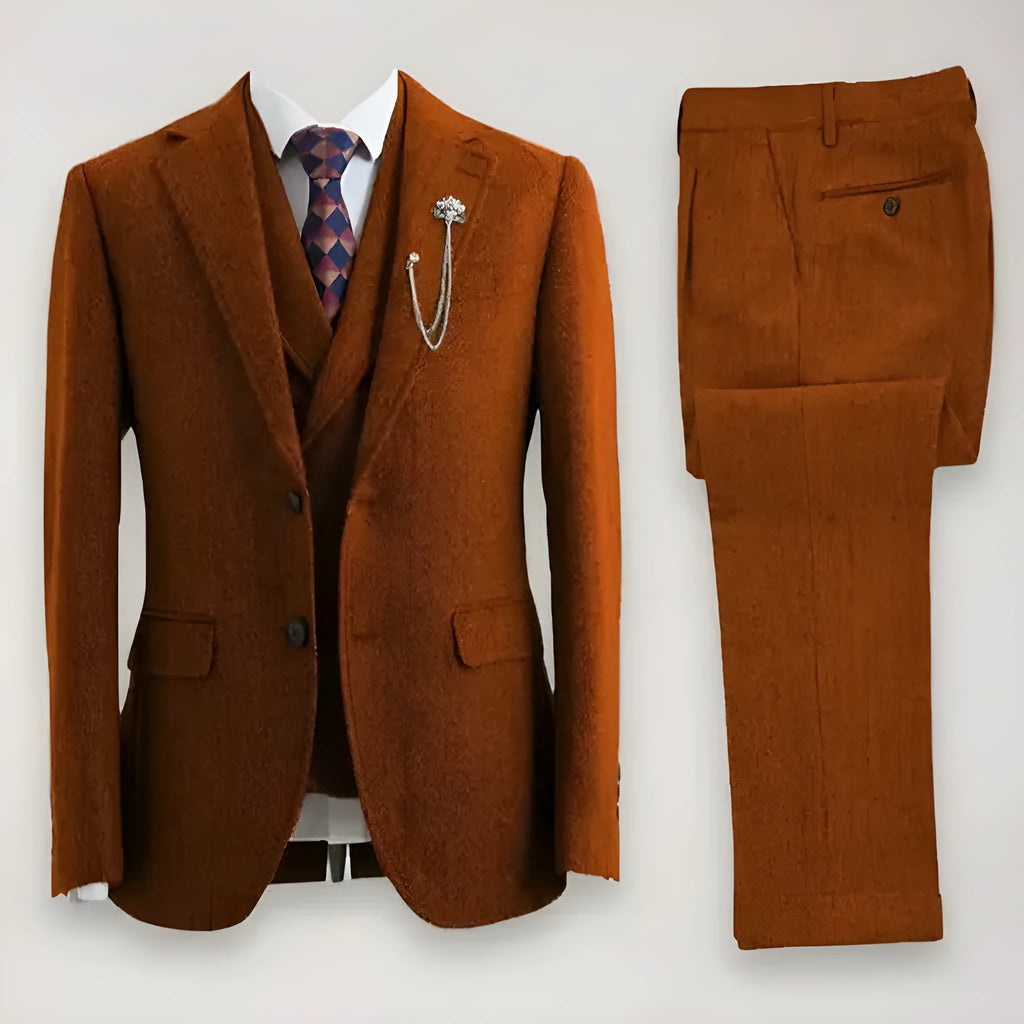 Men's slim-fit nylon three-piece suit in brown colour showing jacket, waistcoat and trousers