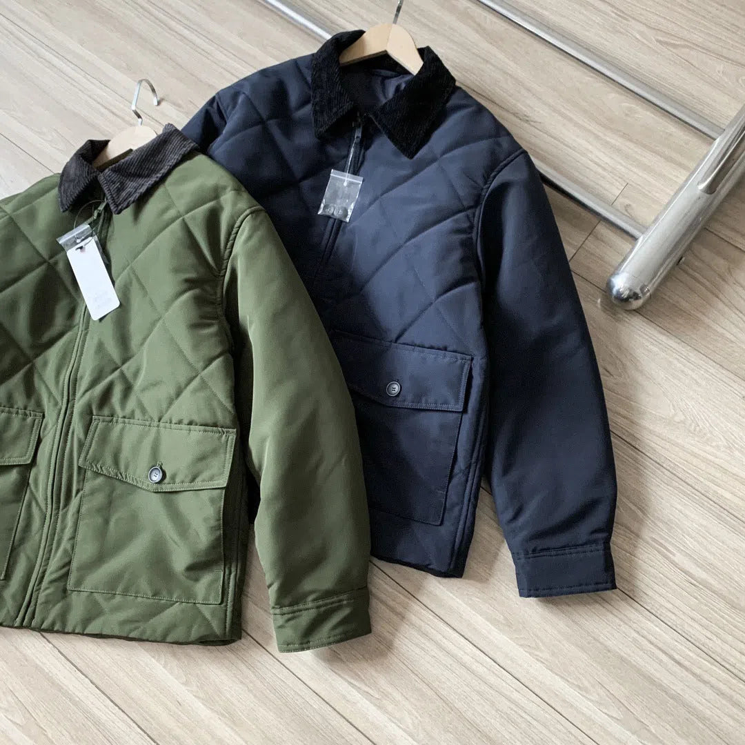Men's autumn winter thickened nylon jacket in Navy Blue with two-colour collage stitching, loose fit, front view