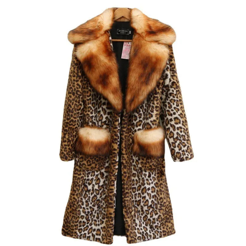 Women's leopard print artificial fur jacket with regular sleeves and 80cm length