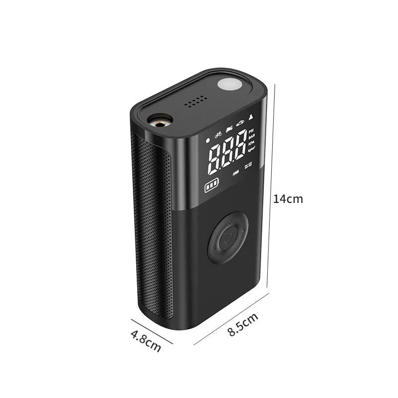 Handheld wireless digital car tyre inflator with LCD screen, made from black ABS plastic, shown with charging cable and nozzle adaptors.