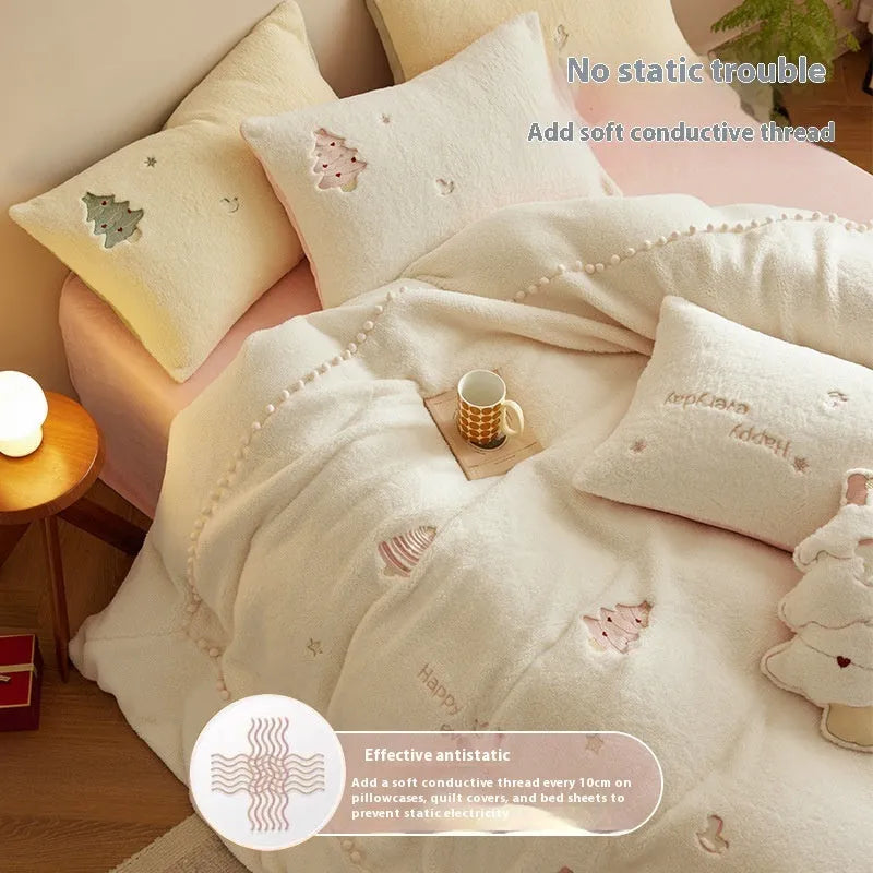 Milk fibre bedding four-piece set with green Christmas tree pattern showing quilt cover, sheet, and pillowcase