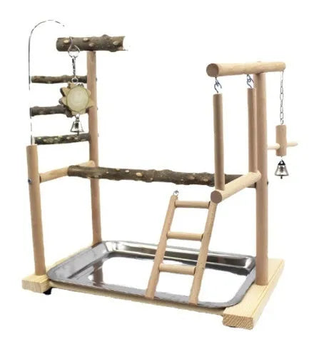Natural Pepper Wood parrot toy bundle with two flat perching stands and a vertical climbing pole for cage.