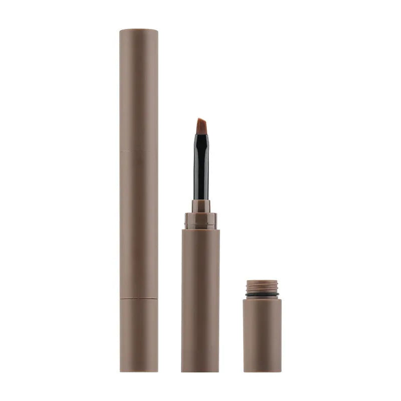 Double-headed eyebrow cream cosmetic product showing pencil and powder ends with five brown shade options