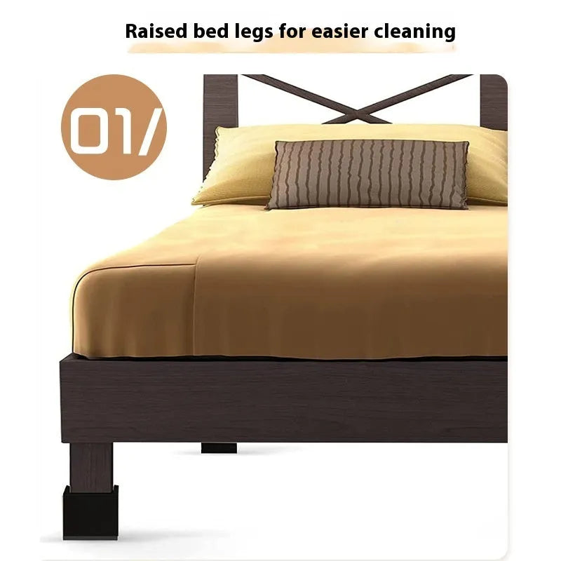 Four black plastic bed foot mats for sofa height increase on hard flooring