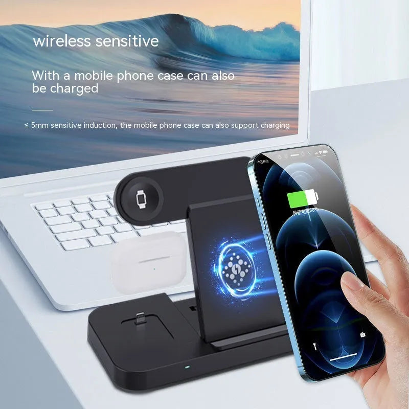 Multifunctional six-in-one foldable wireless charger in black with multiple charging pads for phone, earphone and watch