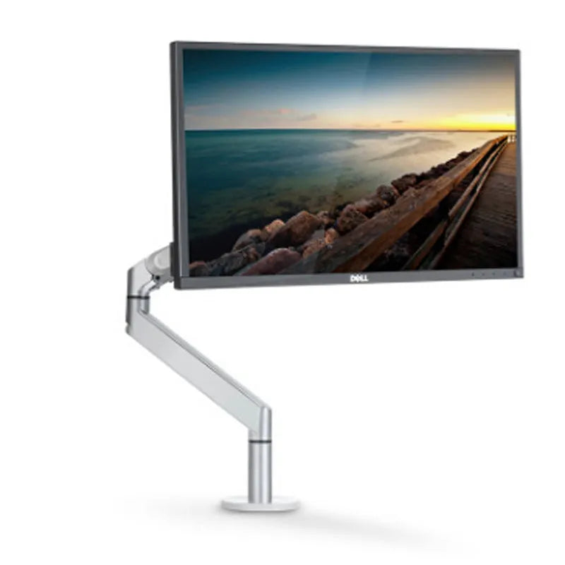 Silver aluminium laptop stand with adjustable air pressure arm holding a notebook above desktop