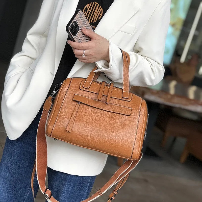 Genuine leather Boston lychee pattern shoulder messenger bag with multiple internal compartments