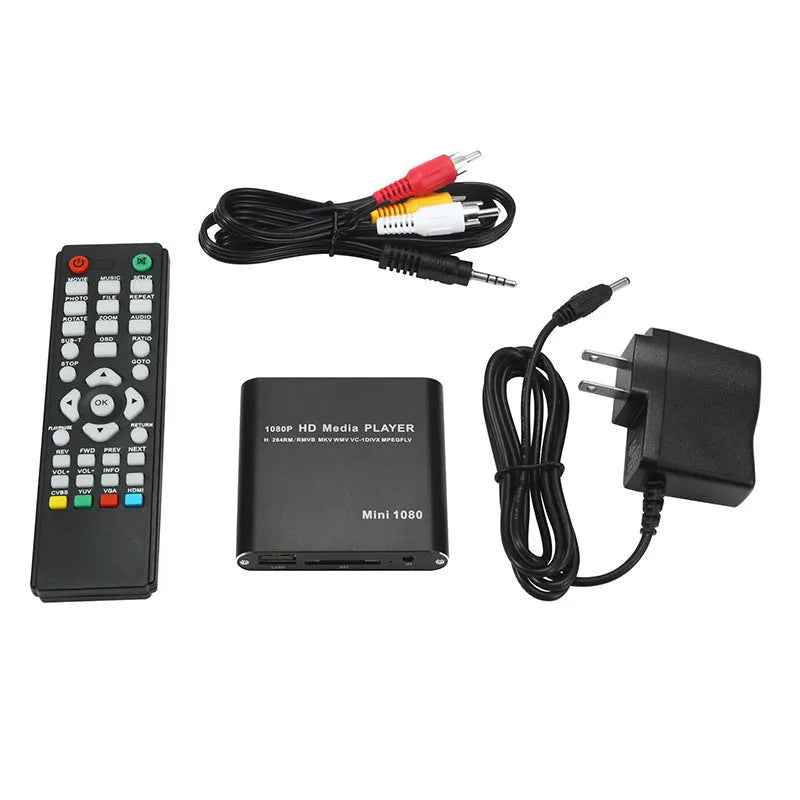 1080P Full HD media player in black or blue with HDMI port, SD card slot, and USB inputs