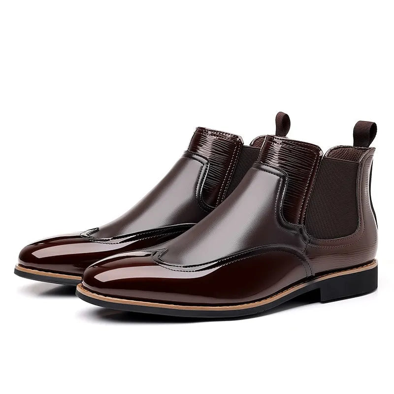 Men's colour block Chelsea boots in dark brown with elastic band sides and round toe, low heel 1-3cm