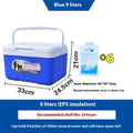 Blue aluminium foil insulated cooler box with multiple capacity options from 3.5L to 38L for outdoor and car use
