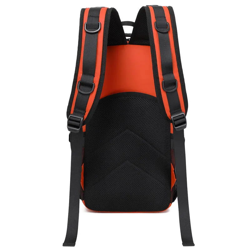 Orange and black 20-35 litre outdoor backpack made from Derm fabric for hiking and camping