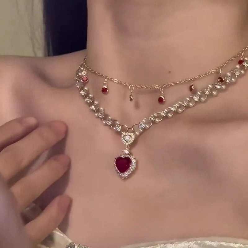 Red love heart pendant on double layer alloy necklace with adjustable chain