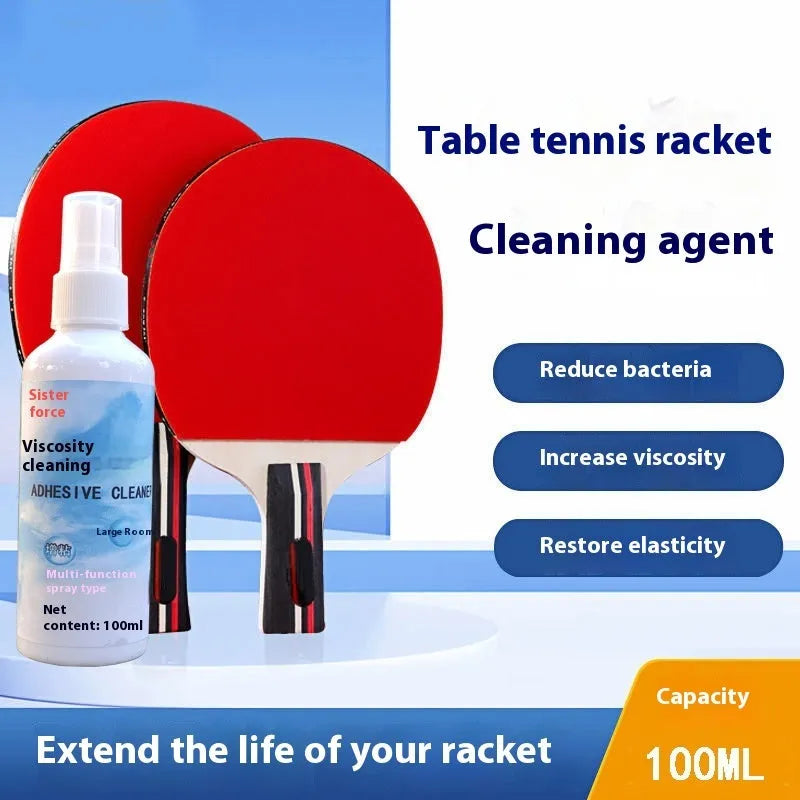 Table tennis racket cleaner kit with sponge mop, rubber cleaning agent bottle and protective film on table