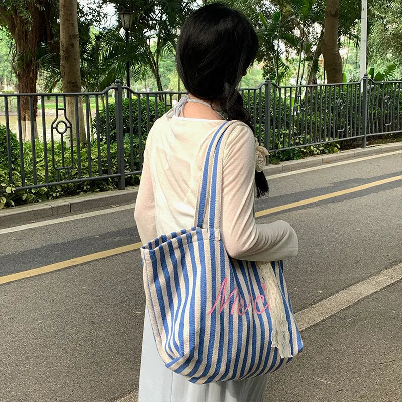 Blue striped letters printed cotton canvas bag in pink blue and white stripes for daily matching