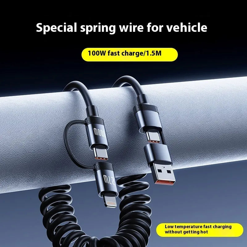 Two Fast Charge car spring wire data cable in black with Lightning and Type-C connectors