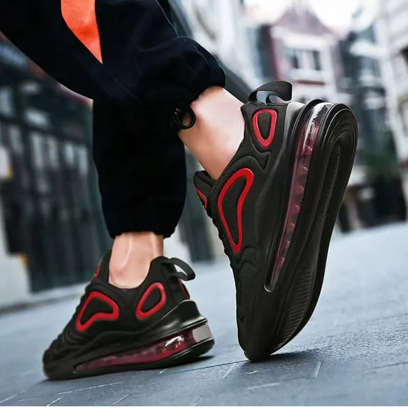 Men's black casual air cushion sneakers with lace-up front and thick sole.