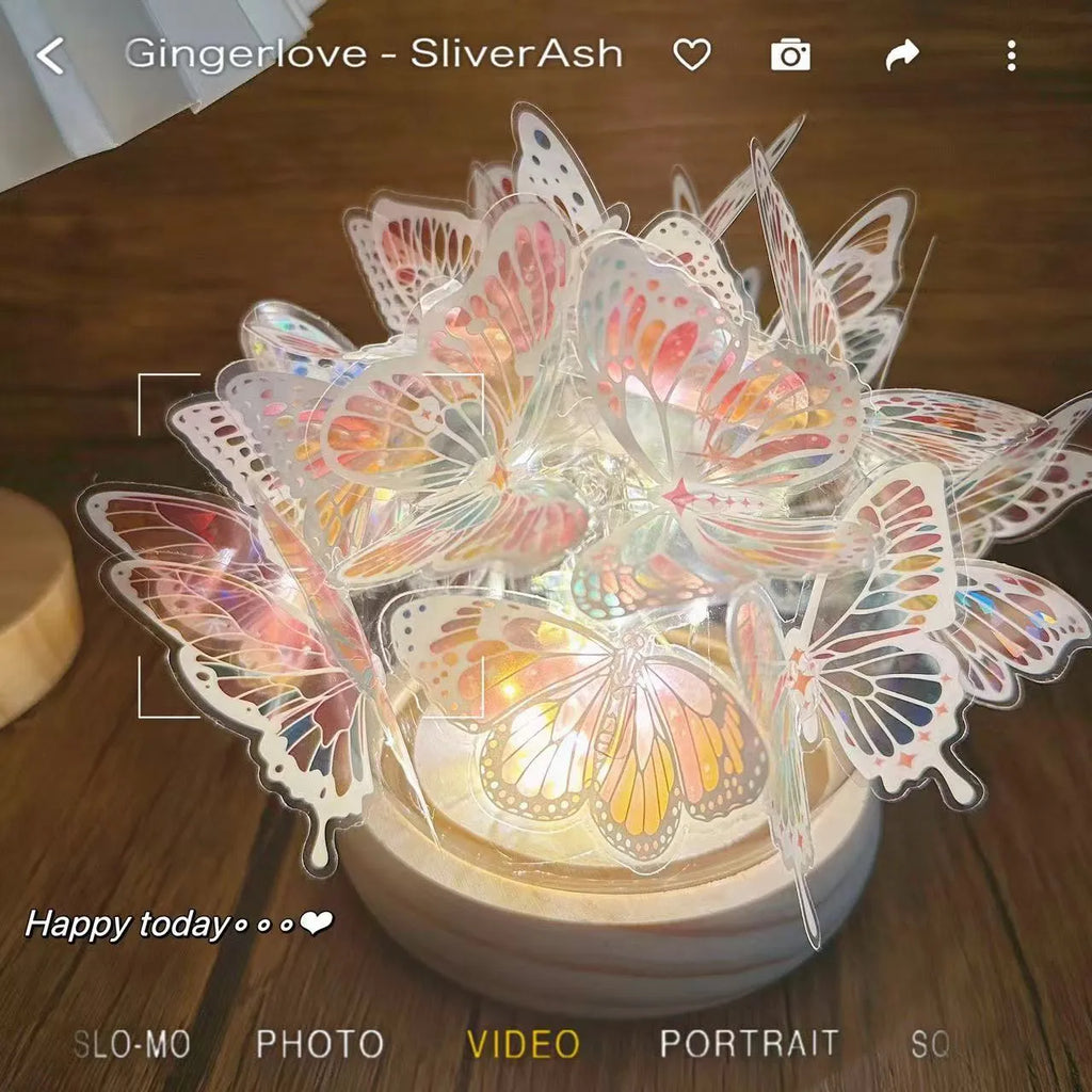 Butterfly design night light with glass shade on raw wood base, battery operated bedroom lamp