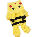 Fleece dog and cat coat for winter, available in sizes XS to XXL, shown as a costume and hoodie.