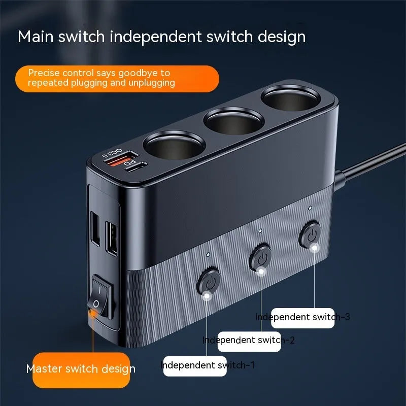 Black vehicle cigarette lighter USB charger with multiple ports showing dimensions 116x71x33mm