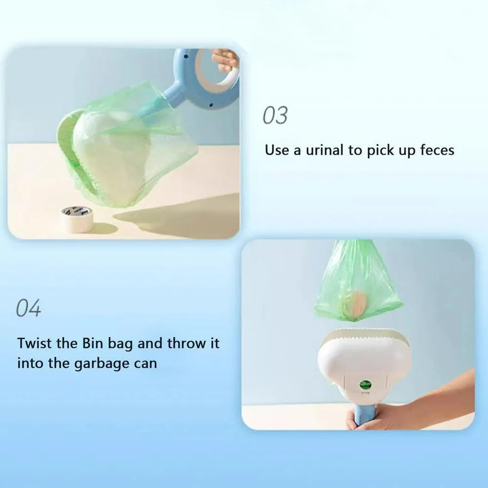 White blue dog pooper scooper with cloud-shaped jaw design on grass
