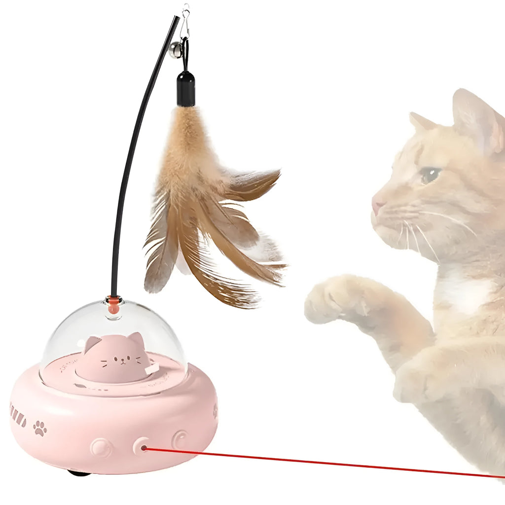 Electric interactive cat toy with feathers, 360 red light, rechargeable USB, 11.5x11x28cm, Pink or White