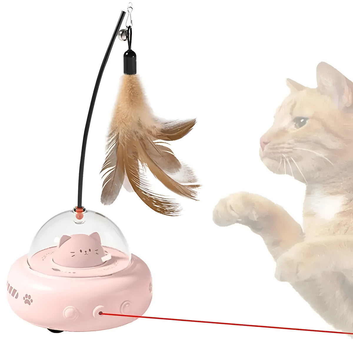 Electric interactive cat toy with feathers, 360 red light, rechargeable USB, 11.5x11x28cm, Pink or White