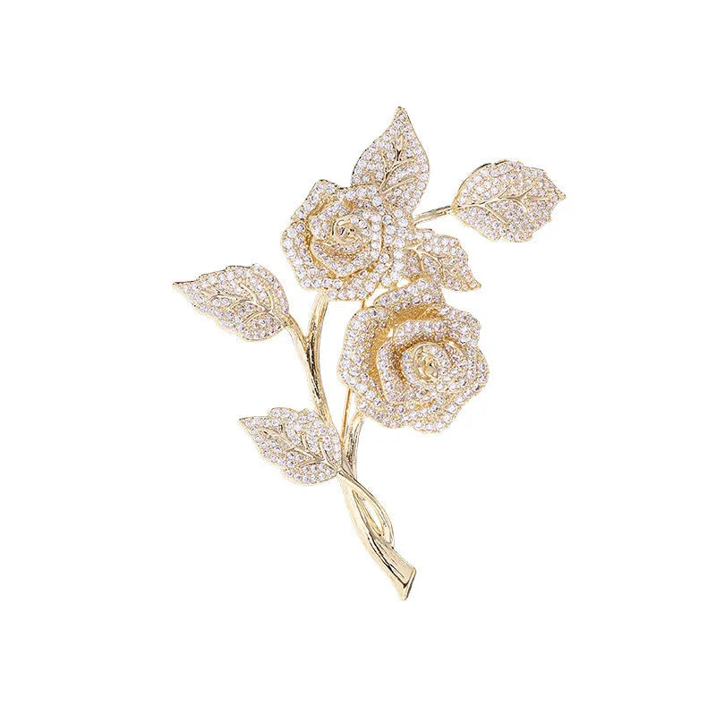 Micro inlaid zircon rose brooch with crystal rhinestone finish, two style options available