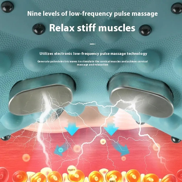 Blue-green portable EMS massage pillow showing compact 17x10x12cm size with hot compress and vibration features