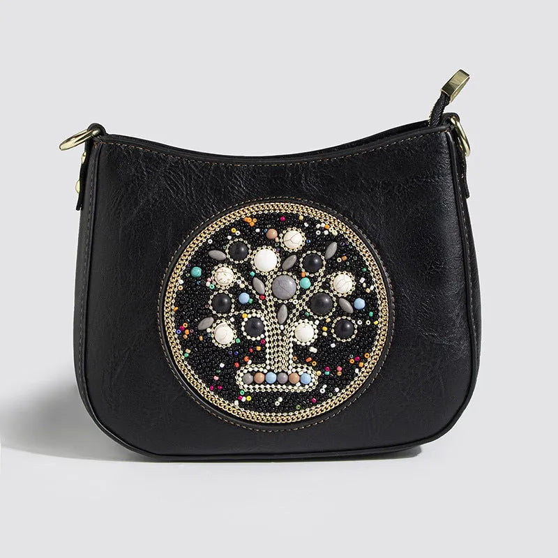 Straw bead turquoise ethnic style bucket shoulder crossbody bag with PU lining and mobile phone pocket