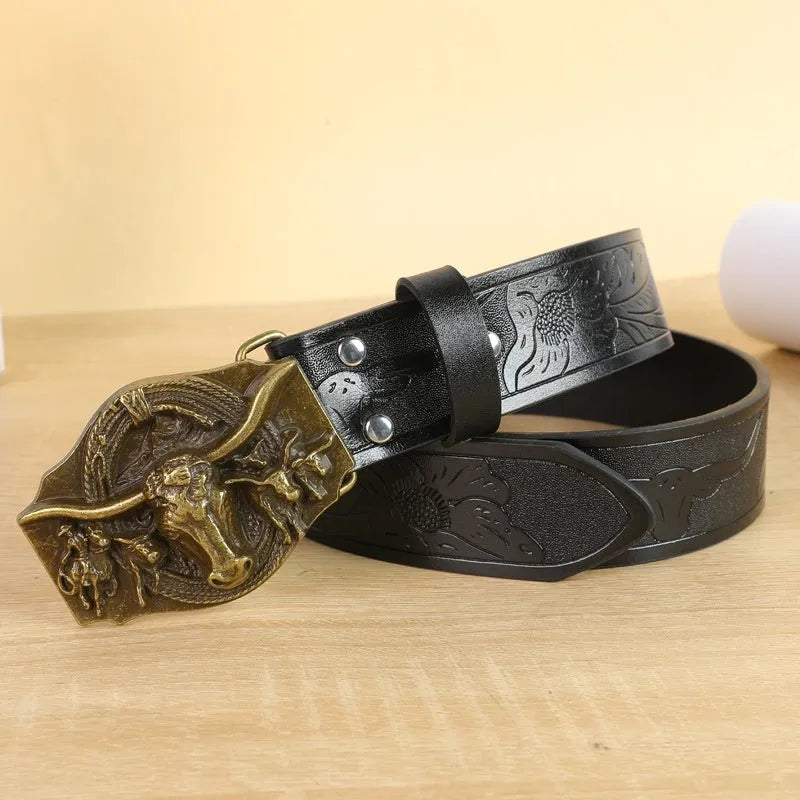 Men's imitation leather belt with decorative alloy cow head buckle in black or brown colours